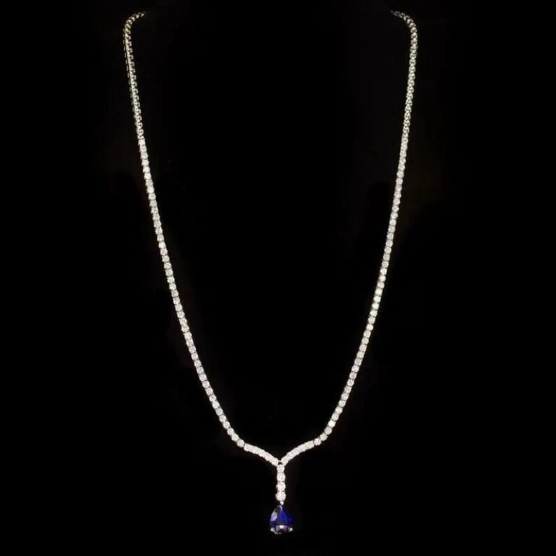 26.40Ct Diamond & Blue Sapphire Drop Pendant Necklace 14K White Gold Over 17\