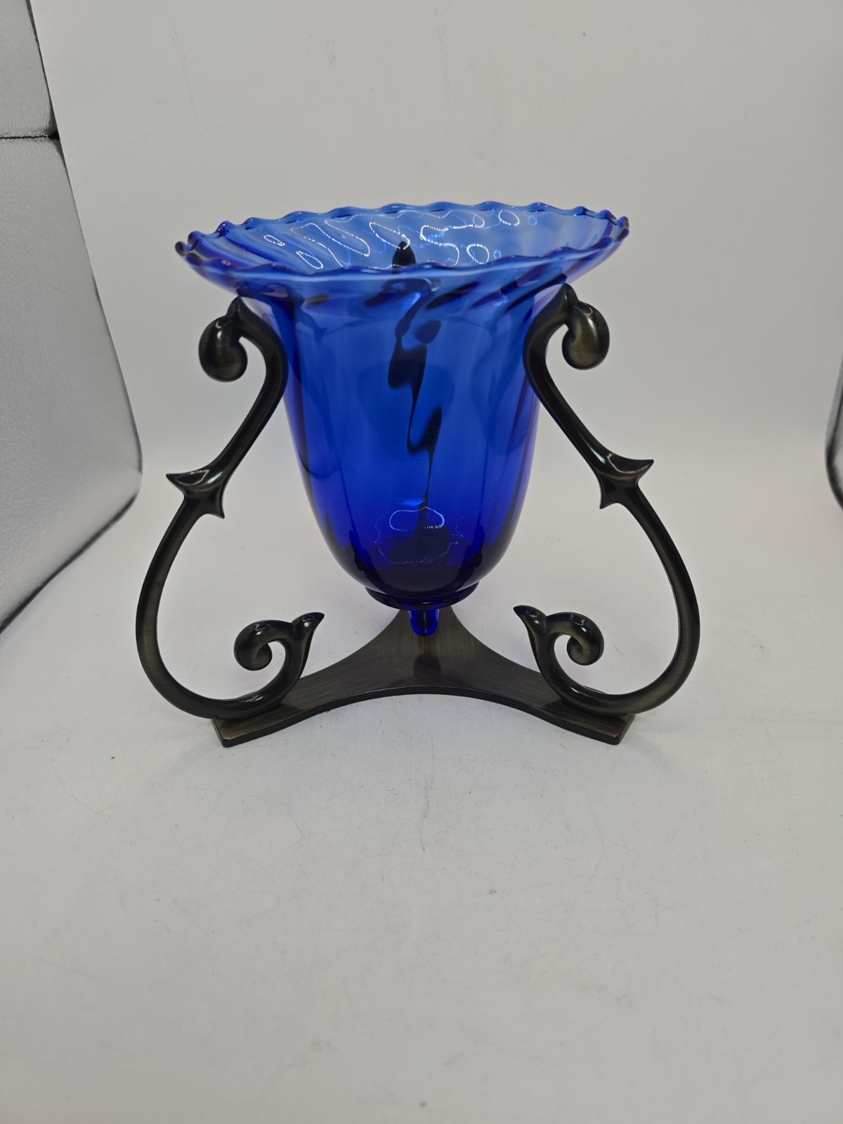 VTG PartyLite Soliloquy Cobalt Blue Glass Candleholder & Metal Base
