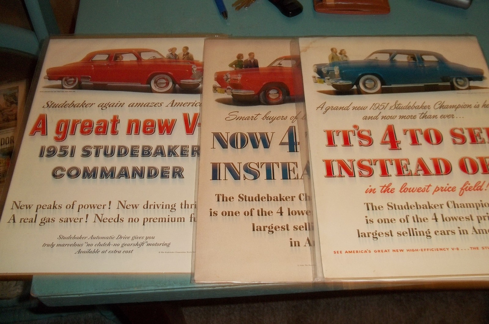 Lot of 4 Vintage Print Ad by Studebaker Champion, Commander 1950's VG+ Lot of 4 Vintage Print Ad by Studebaker Champion, Commander 1950's VG+