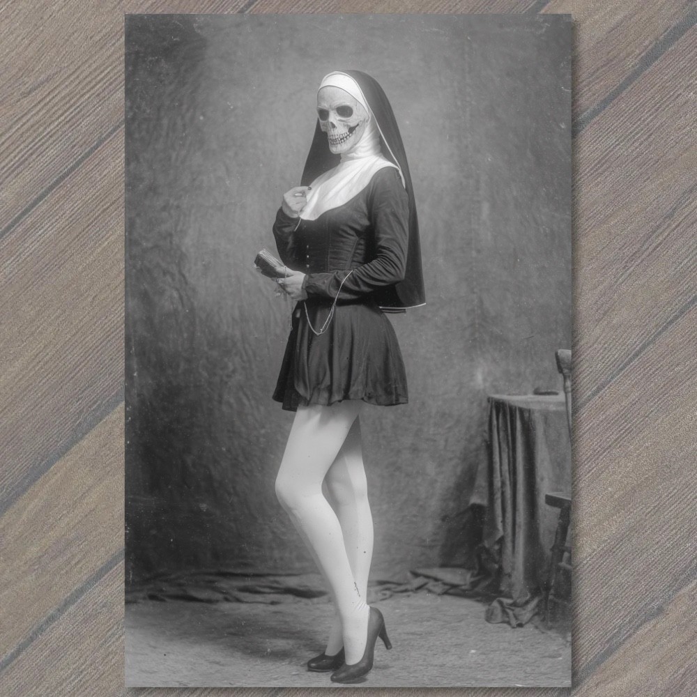 POSTCARD Skull Nun Grayscale Gothic Horror Dark Religious Oddity Portrait POSTCARD Skull Nun Grayscale Gothic Horror Dark Religious Oddity Portrait