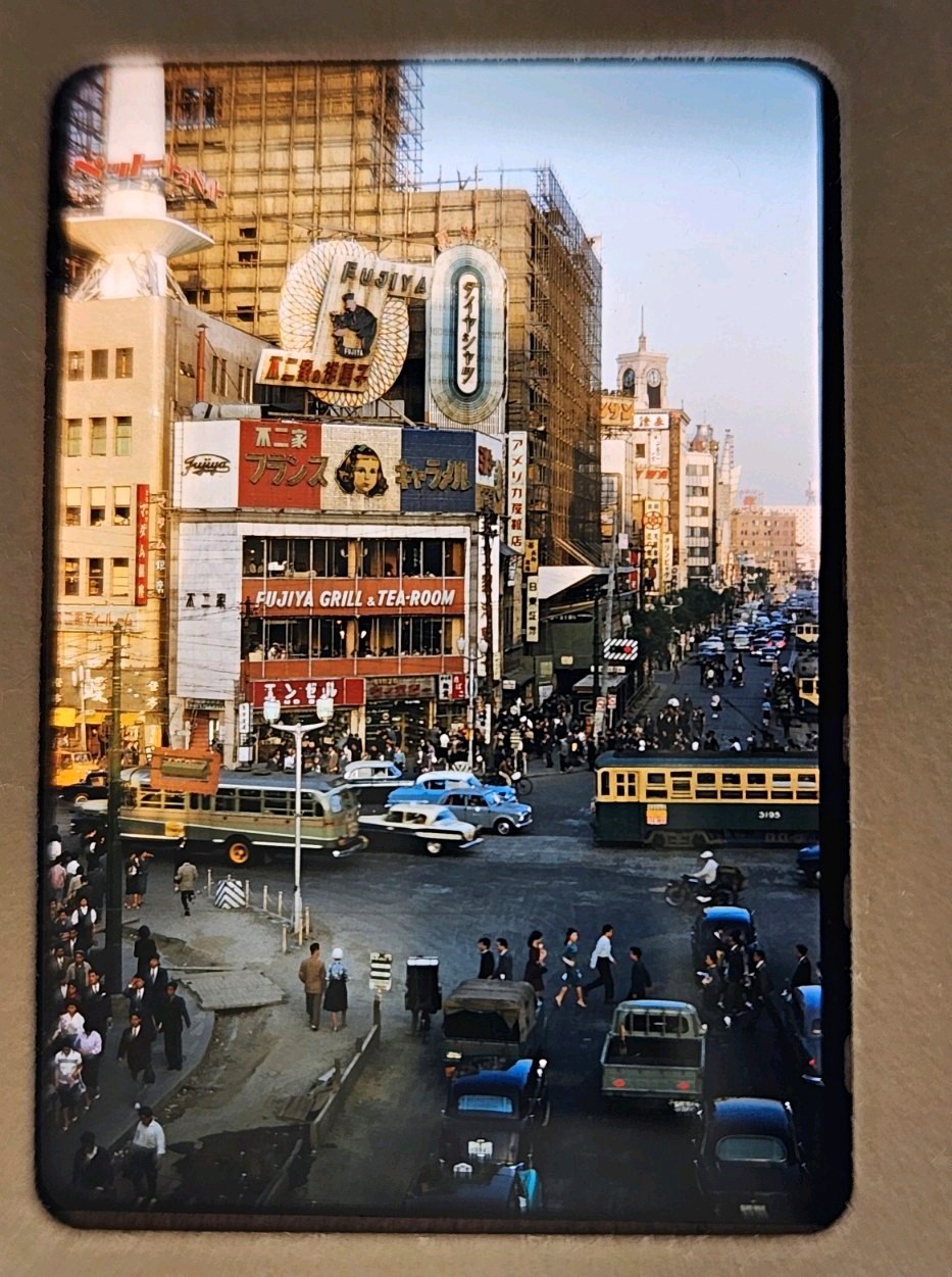 1959 35mm Slide Kodachrome Tokyo Japan  Street Scene Stores Sign Bus Tram Cars 