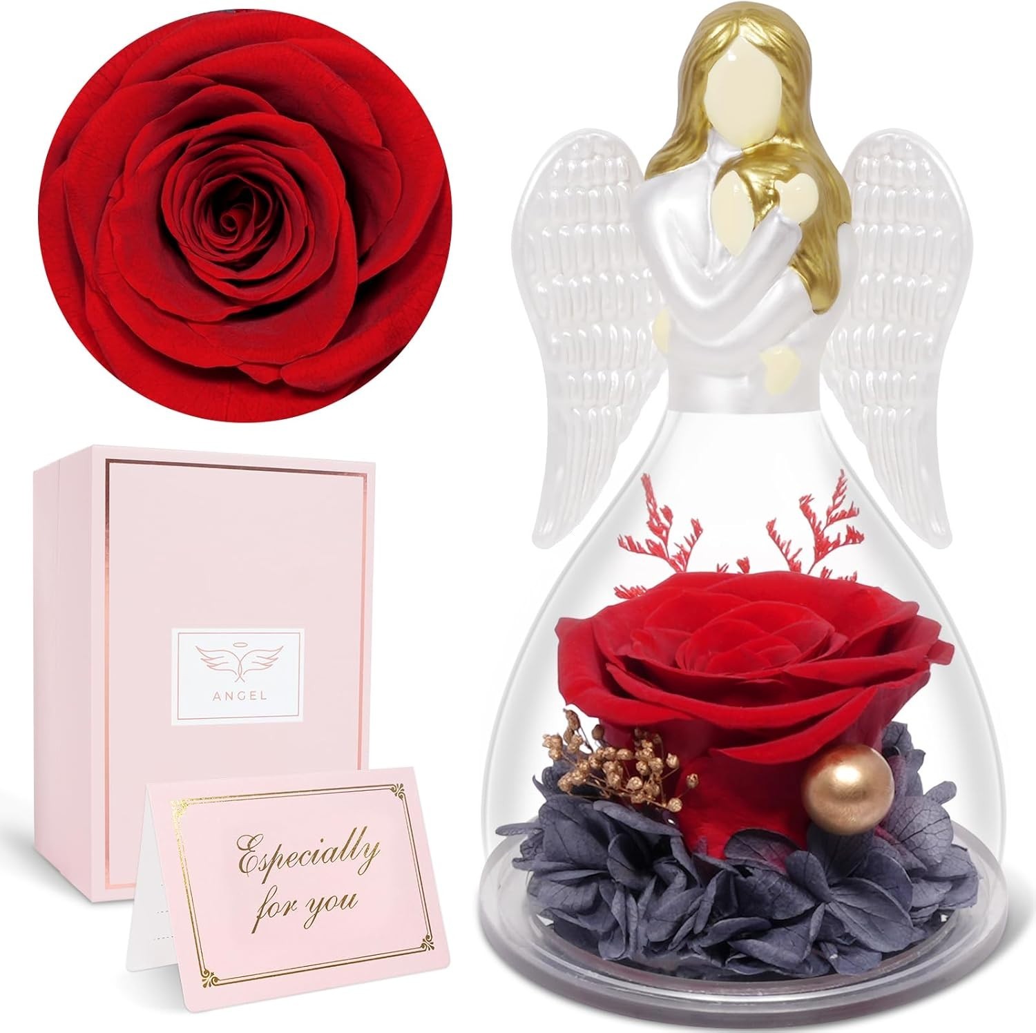 Preserved Flower Rose in Glass Angel Figurines,Mothers Day Gifts for Red Preserved Flower Rose in Glass Angel Figurines,Mothers Day Gifts for Red