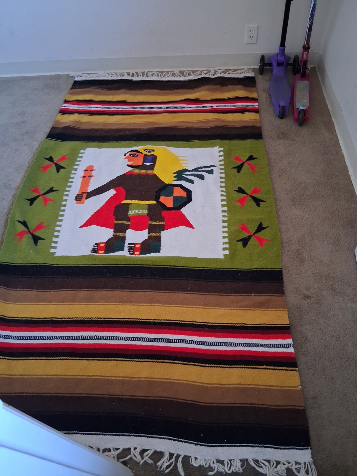 Vintage Hand Woven Aztec Warrior Native Mexican Wool Rug,. 87 Vintage Hand Woven Aztec Warrior Native Mexican Wool Rug,. 87