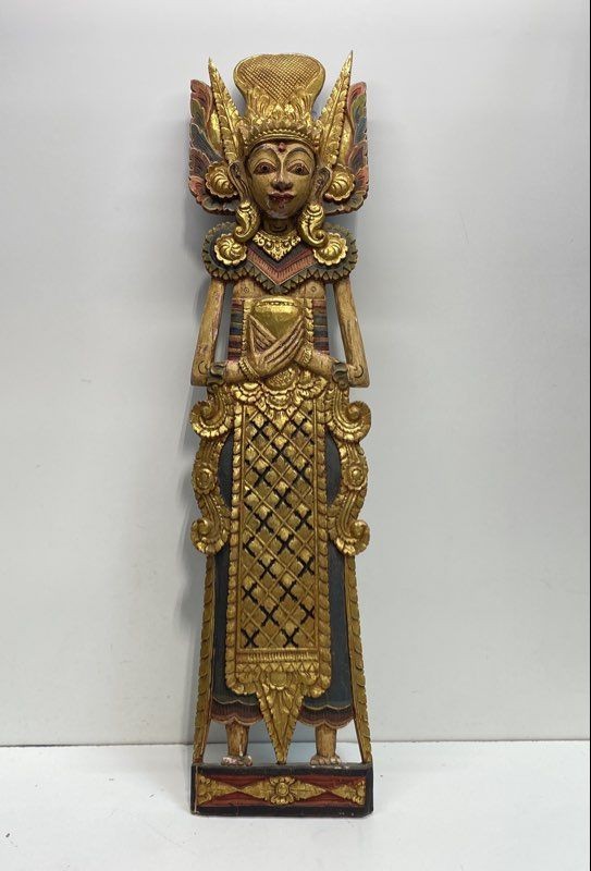 Balinese Deity Hand Carved Wood Wall Panel Gilt Polychrome 40\
