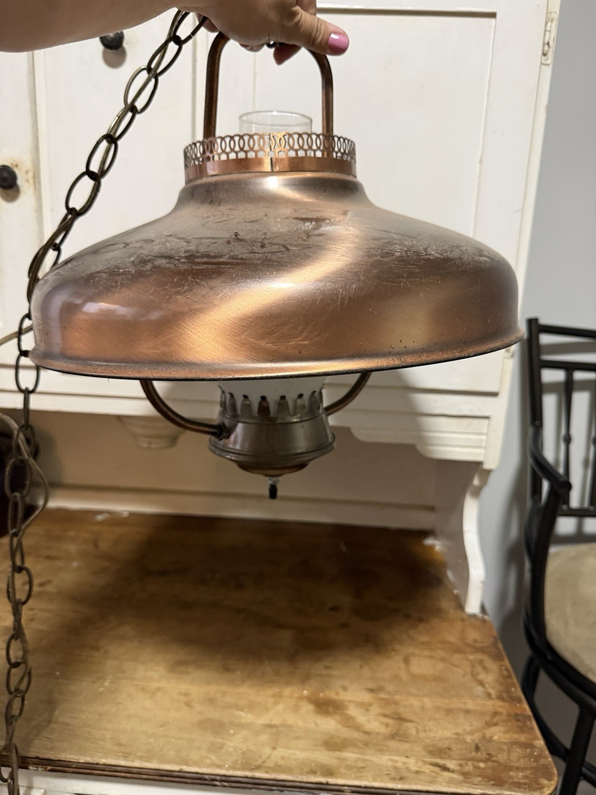 Vintage Copper Swag Lamp with Hurricane Glass Shade hanging plug