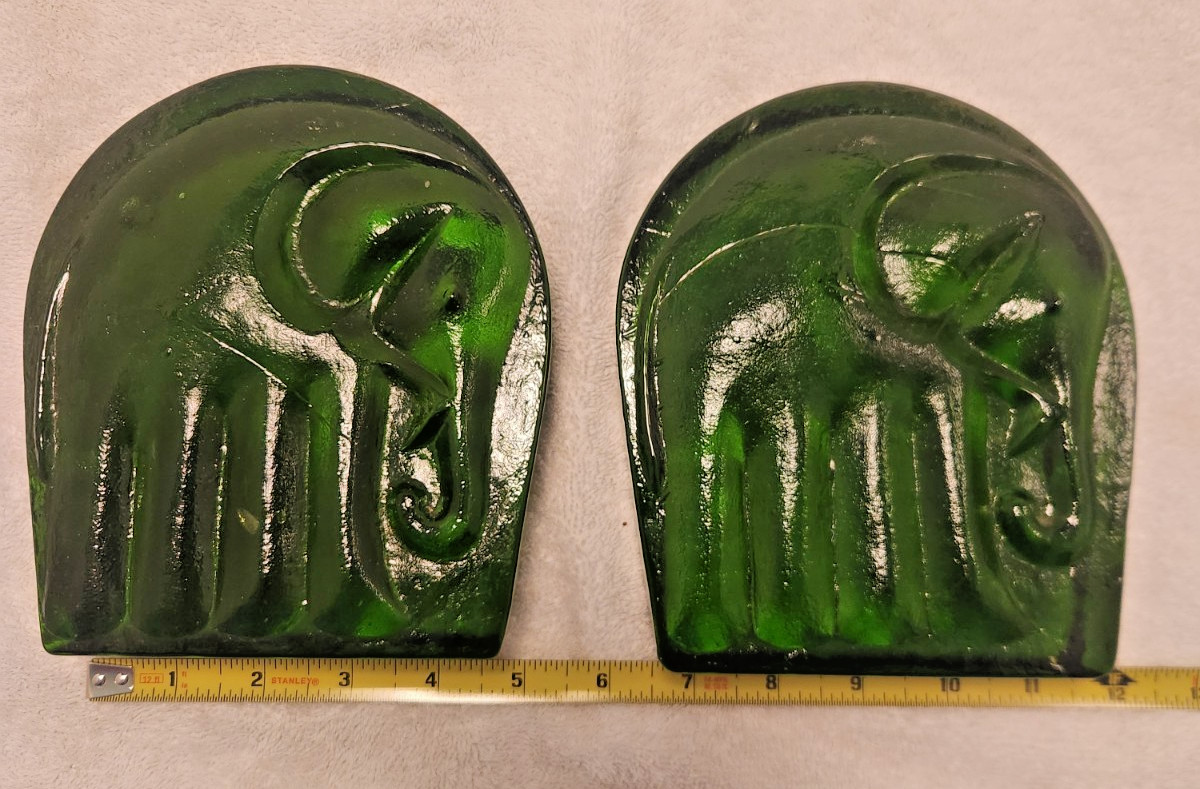 2  Vintage Blenko Glass Emerald Green Elephant Bookends  Art Glass Joel Myers