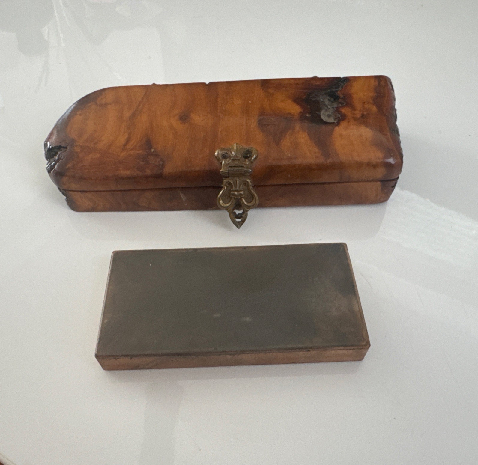 Burl Wood Box Sharpening Stone Fleur de Lis Hinges