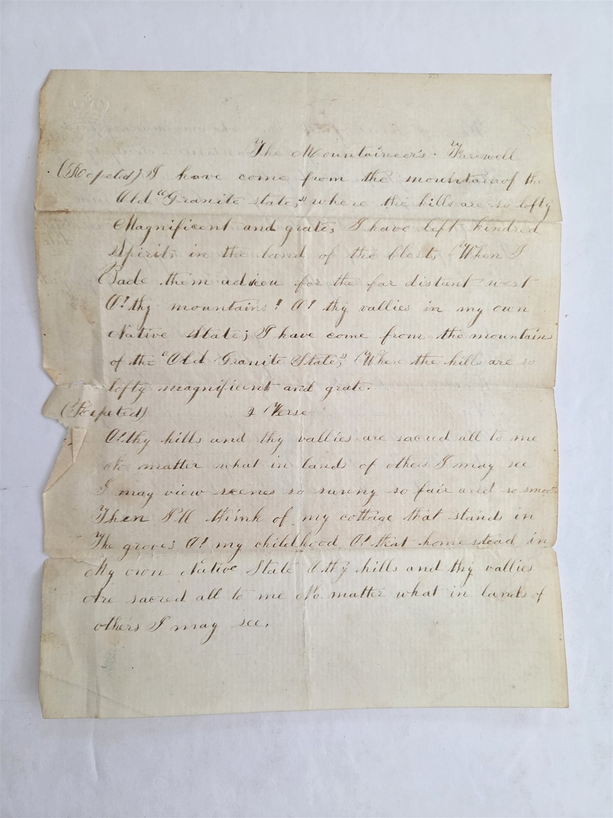c1840s antique HANDWRITTEN POEM Old Granite State NEW HAMPSHIRE manuscript