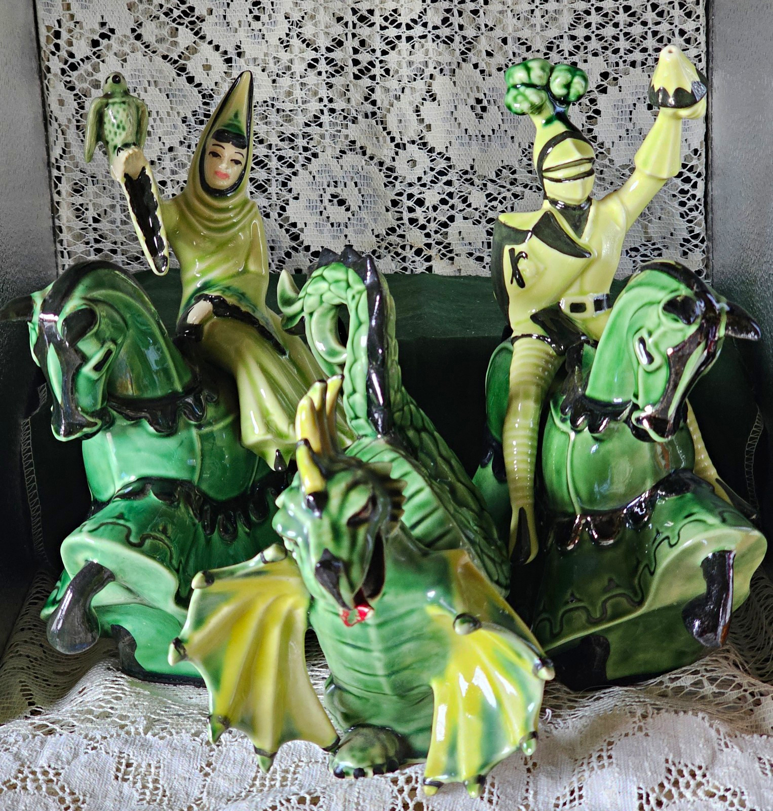Vintage Ceramic Arts Studio Medieval Set St George Lady Rowena Archibald Dragon