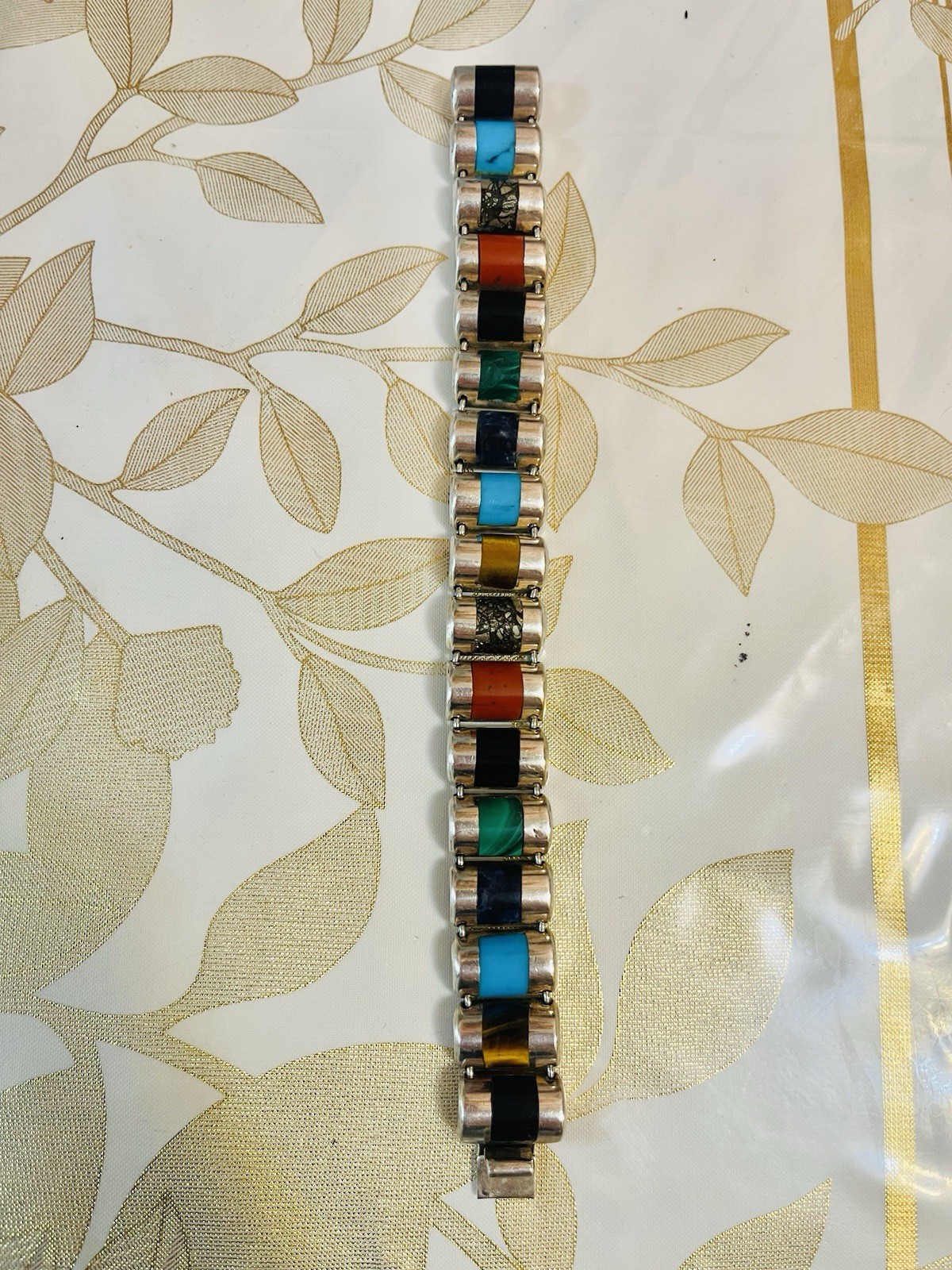 VTG SOUTHWEST Mexico 970 STERLING BRACELET  7” Coral Turquoise Onyx Malachite 50