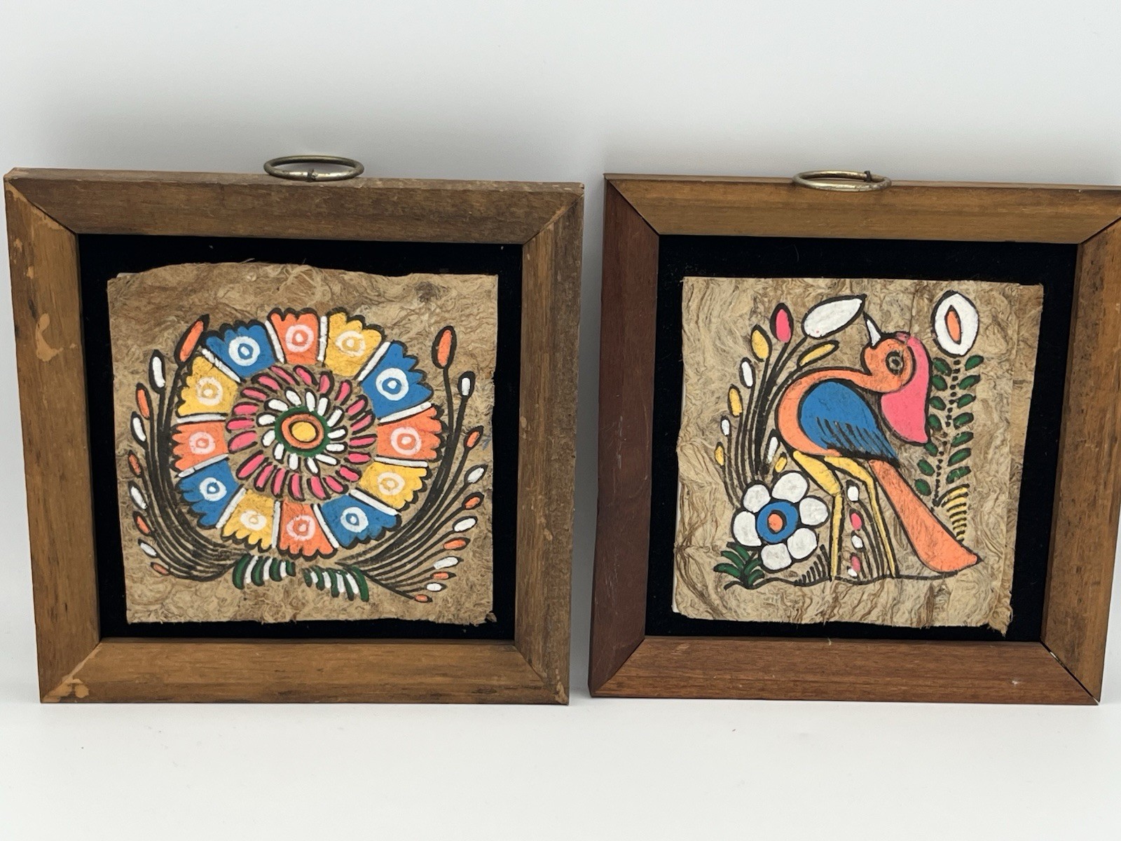 Pair Vtg Framed Mexican Folk Art Gouache Bird & Flower Paintings Amate Bark 6.5”