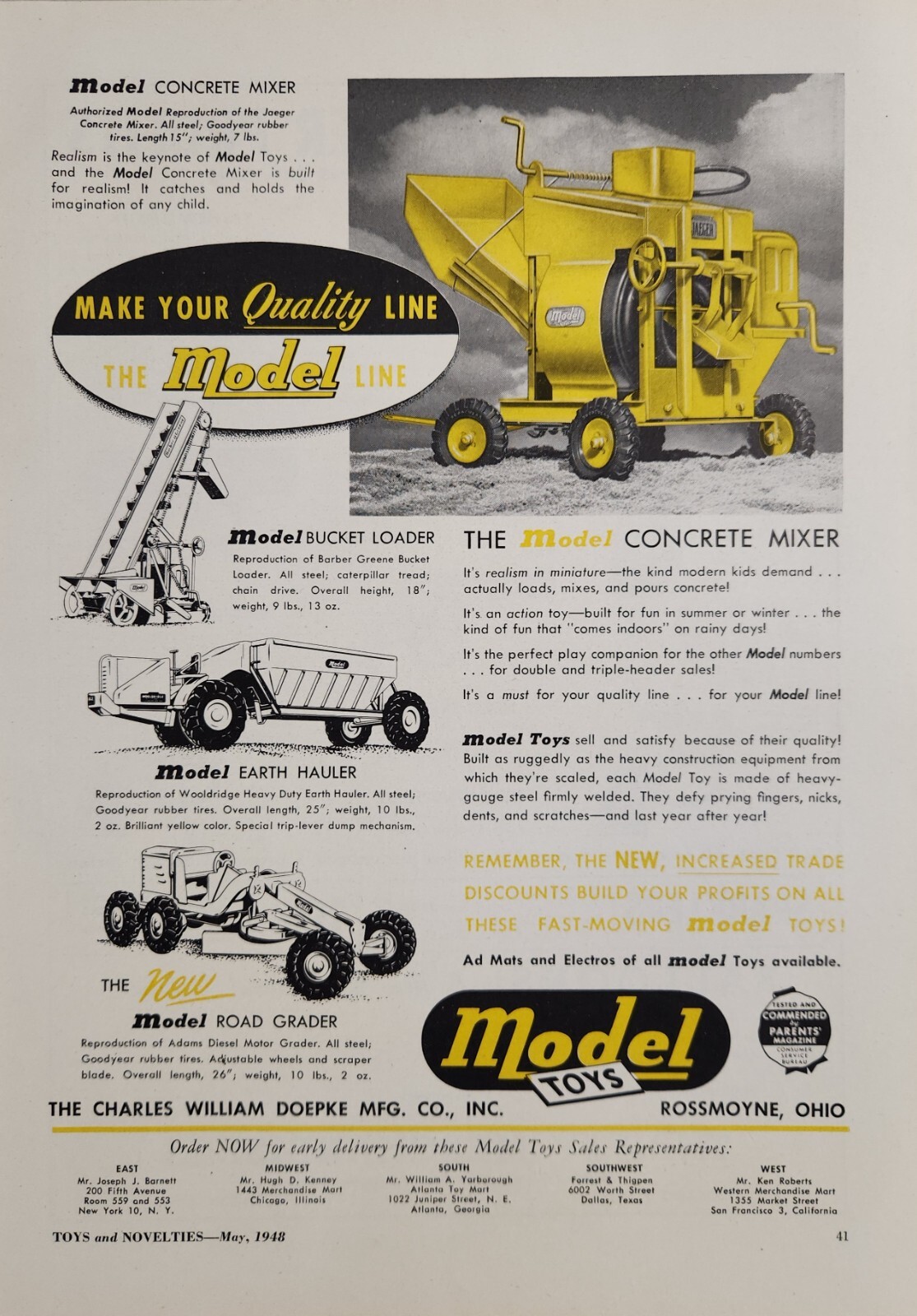 1948 Print Ad Model Brand Toys Road Grader,Earth Hauler Rossmoyne,Ohio 1948 Print Ad Model Brand Toys Road Grader,Earth Hauler Rossmoyne,Ohio