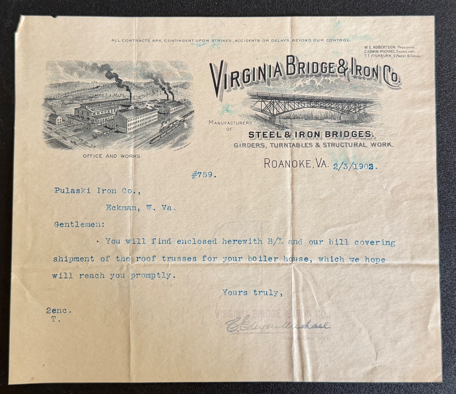 1902 Virginia Bridge & Iron Co - Roanoke, VA - Graphic Letterhead