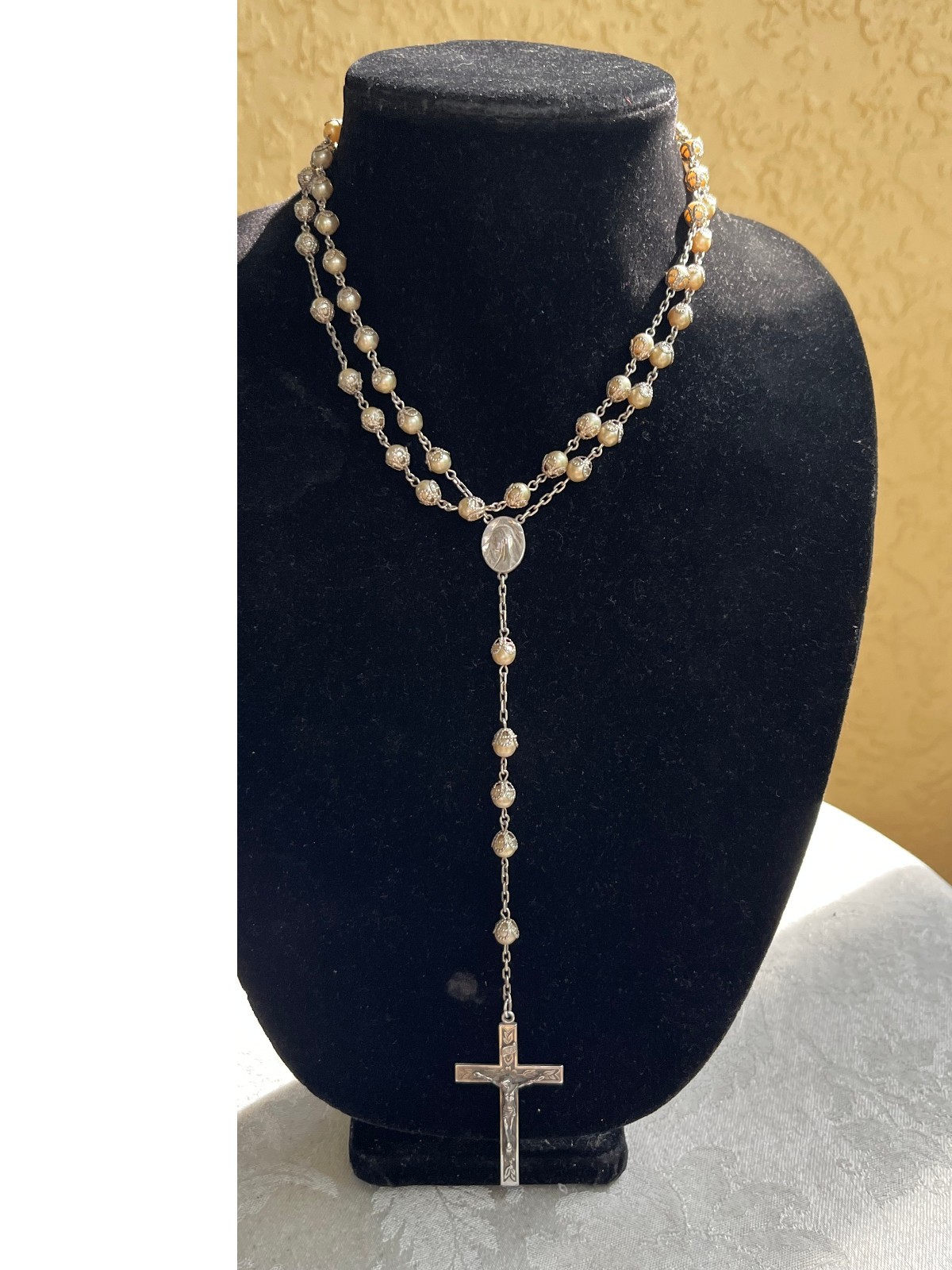 Sterling Silver Rosary Leaf/flower Crucifix Pearls Ornate Filigree Caps 34\ Sterling Silver Rosary Leaf/flower Crucifix Pearls Ornate Filigree Caps 34\