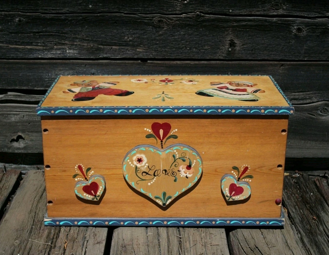 Vintage Hand Painted Folk Art Wooden Toy Chest Teddy Bear Love 1992   Memory Box