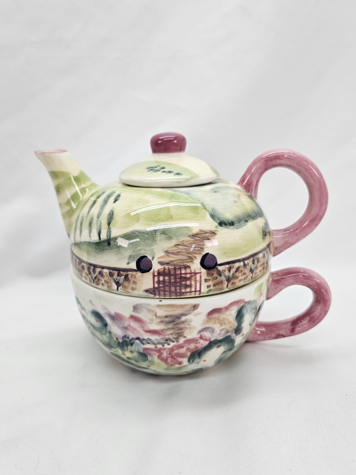 Michal Sparks Tea for One Cup Pot with Lid 3 pc Hand Painted Cottage Farmhouse