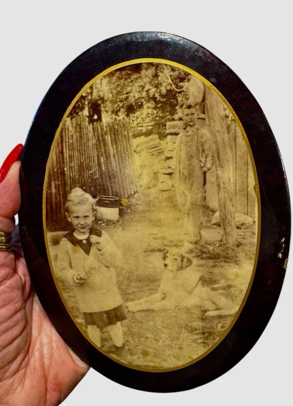Antique Oval Brown Metal Frame Photo 2 Boys And Dog Nostalgic Appalachia Mtn.