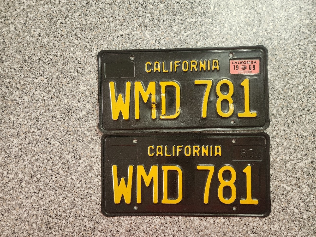 1963 Black California License Plates, 1968 Validation Sticker, DMV Clear 1963 Black California License Plates, 1968 Validation Sticker, DMV Clear