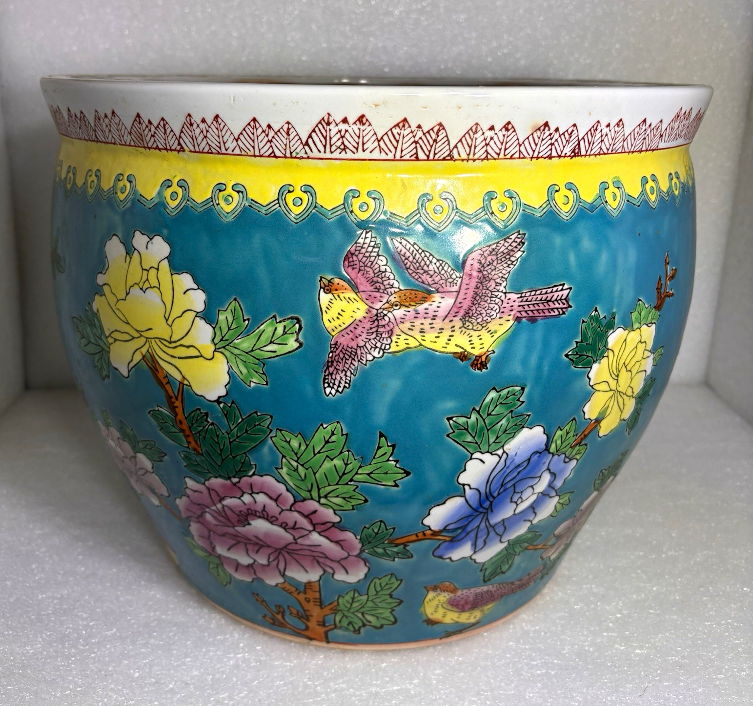 Large Blue Ceramic Vase Floral & Bird Design Round 14\