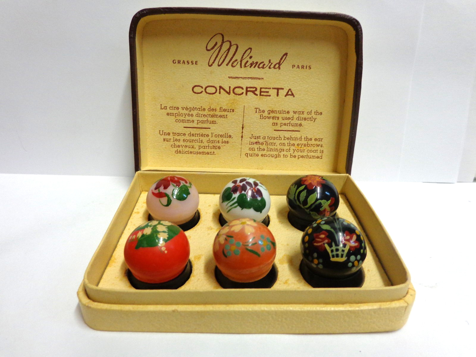 Vintage box of wax perfumes Molinard Grasse Paris Concreta w/org box 6 eggs 