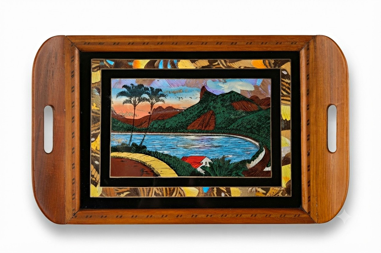 Vintage 30s 50s Brazilian Butterfly Wing Art Tray Rio De Janeiro Souvenir Wood