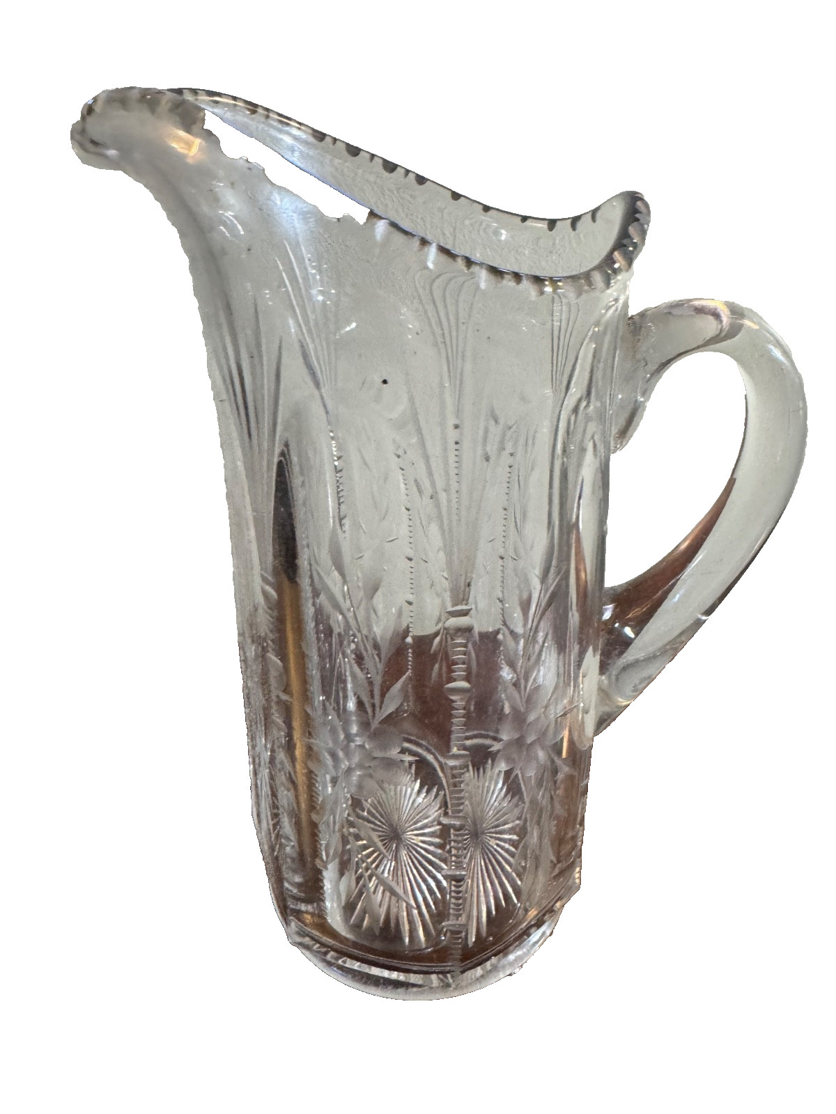 Vintage Clear Cut-Glass Pitcher with Etched Floral Bursts Scalloped or Spout Rim