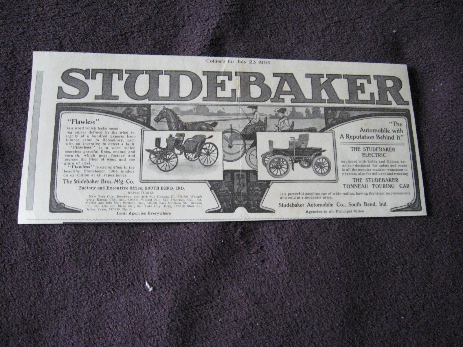 1904 Studebaker Models Ad  Electric Vehicle (Edison Batterie} & Horse Carriage