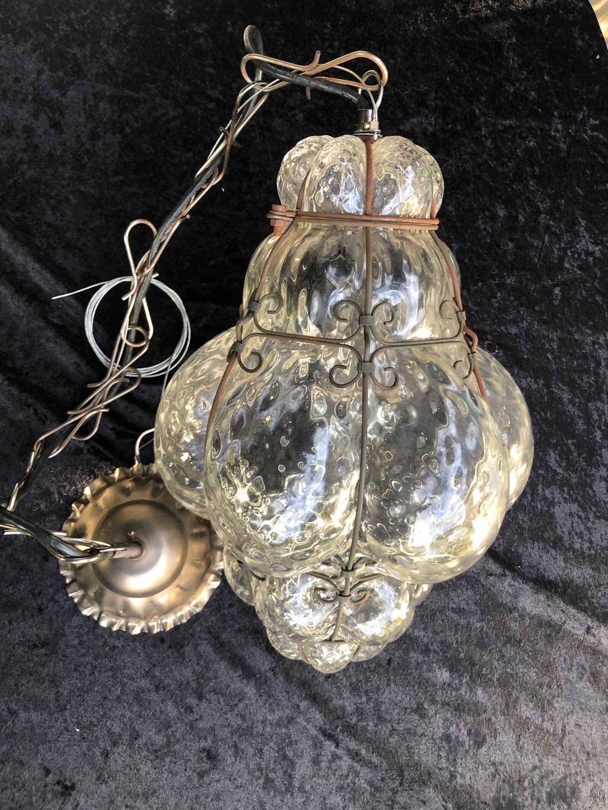 Vintage Handblown Seguso Murano Caged Glass Hanging Light Fixture