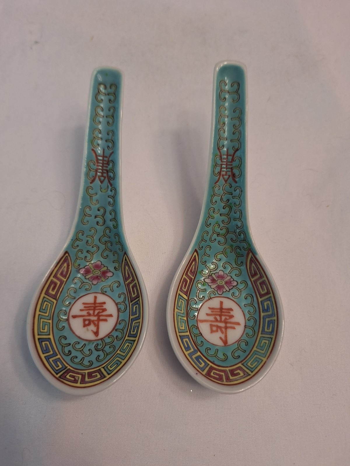 Pair Vtg Chinese Hand Painted Turquoise Famille Rose Shou Soup Spoons Kiln Marks