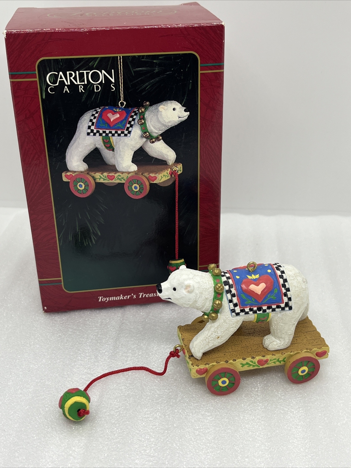 1990s Carlton Cards Polar Bear Ornament TOYMAKERS TREASURE Moving Wheels Cart