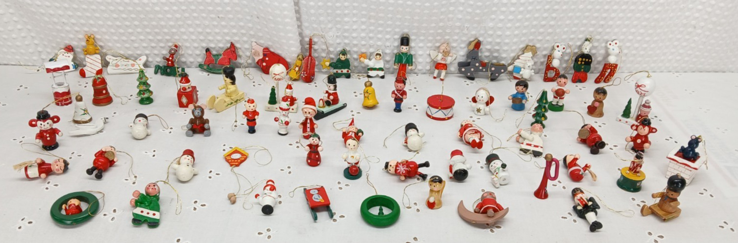 HUGE MIXED LOT OF 68 VINTAGE WOOD HAND PAINTED CHRISTMAS ORNAMENTS HUGE MIXED LOT OF 68 VINTAGE WOOD HAND PAINTED CHRISTMAS ORNAMENTS
