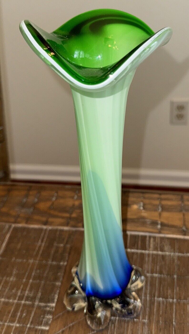 Beautiful Art Glass Cased Vase Calla Lily Hand Blown 12” Tall Green Blue