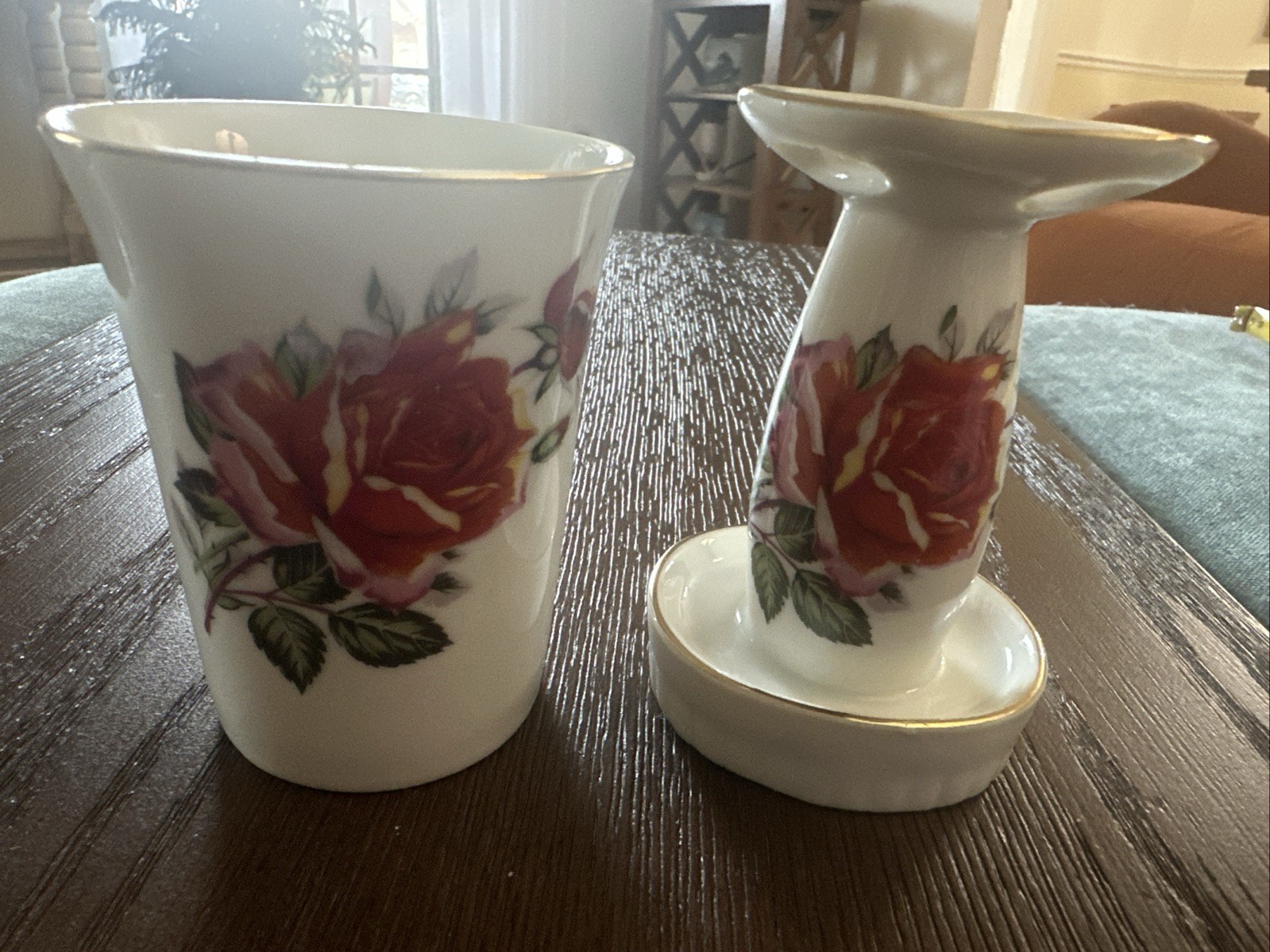 Vintage Japan Porcelain China Rose Cup & Toothbrush Holder Gold Trim Vintage Japan Porcelain China Rose Cup & Toothbrush Holder Gold Trim