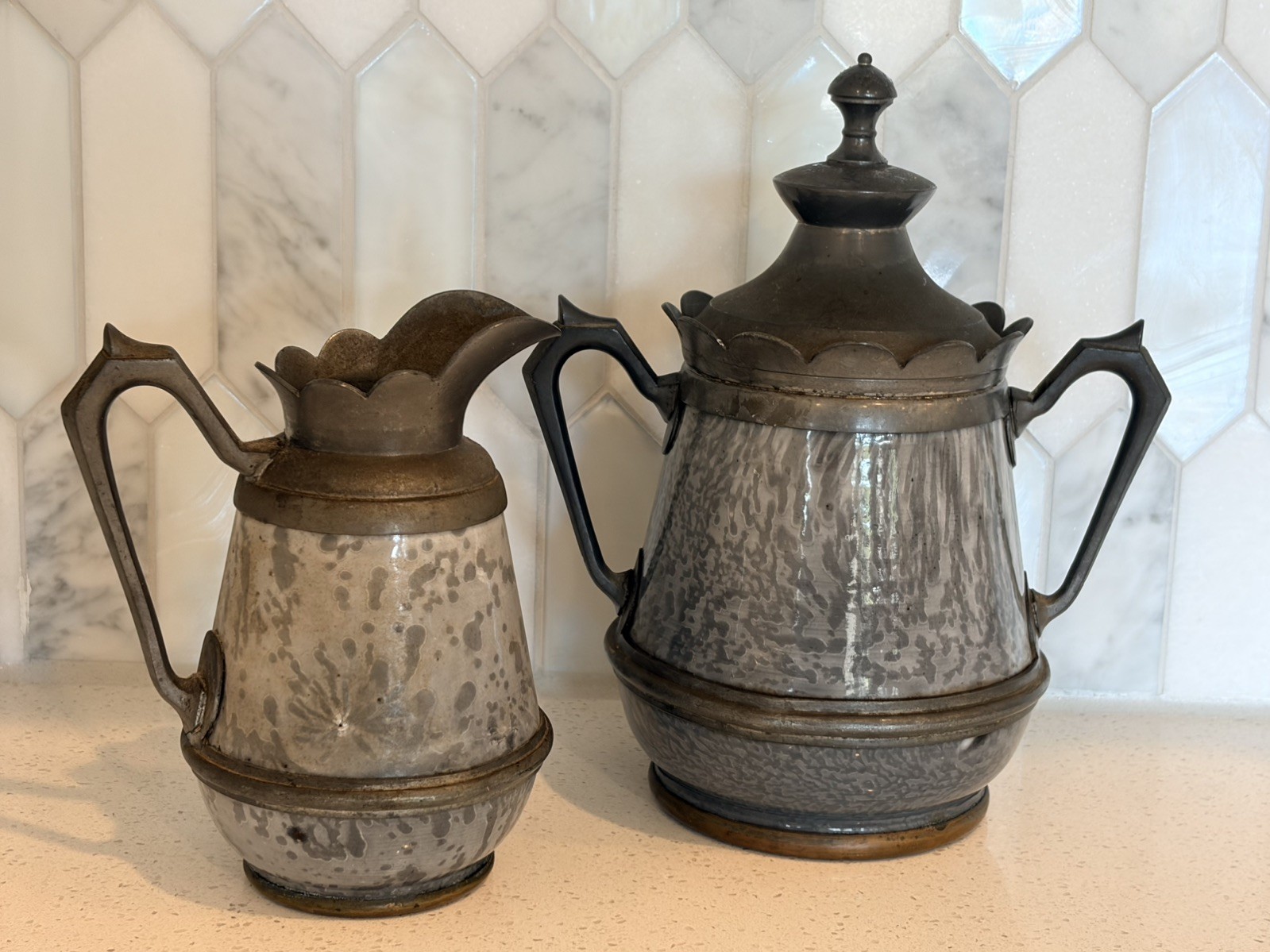 Granite Ironware Enamelware 19th Century 1870’s-1890’s Pewter Creamer and Sugar Granite Ironware Enamelware 19th Century 1870’s-1890’s Pewter Creamer and Sugar
