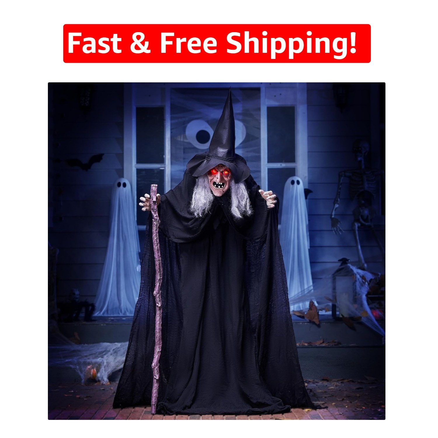 Spooky 72” Animated Witch with Light-Up Eyes – Perfect for Haunted Houses