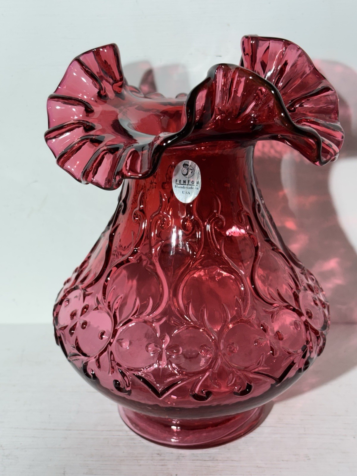 Vintage Fenton Spanish Lace Cranberry Opalescent Ruffled Rim Vase Vintage Fenton Spanish Lace Cranberry Opalescent Ruffled Rim Vase