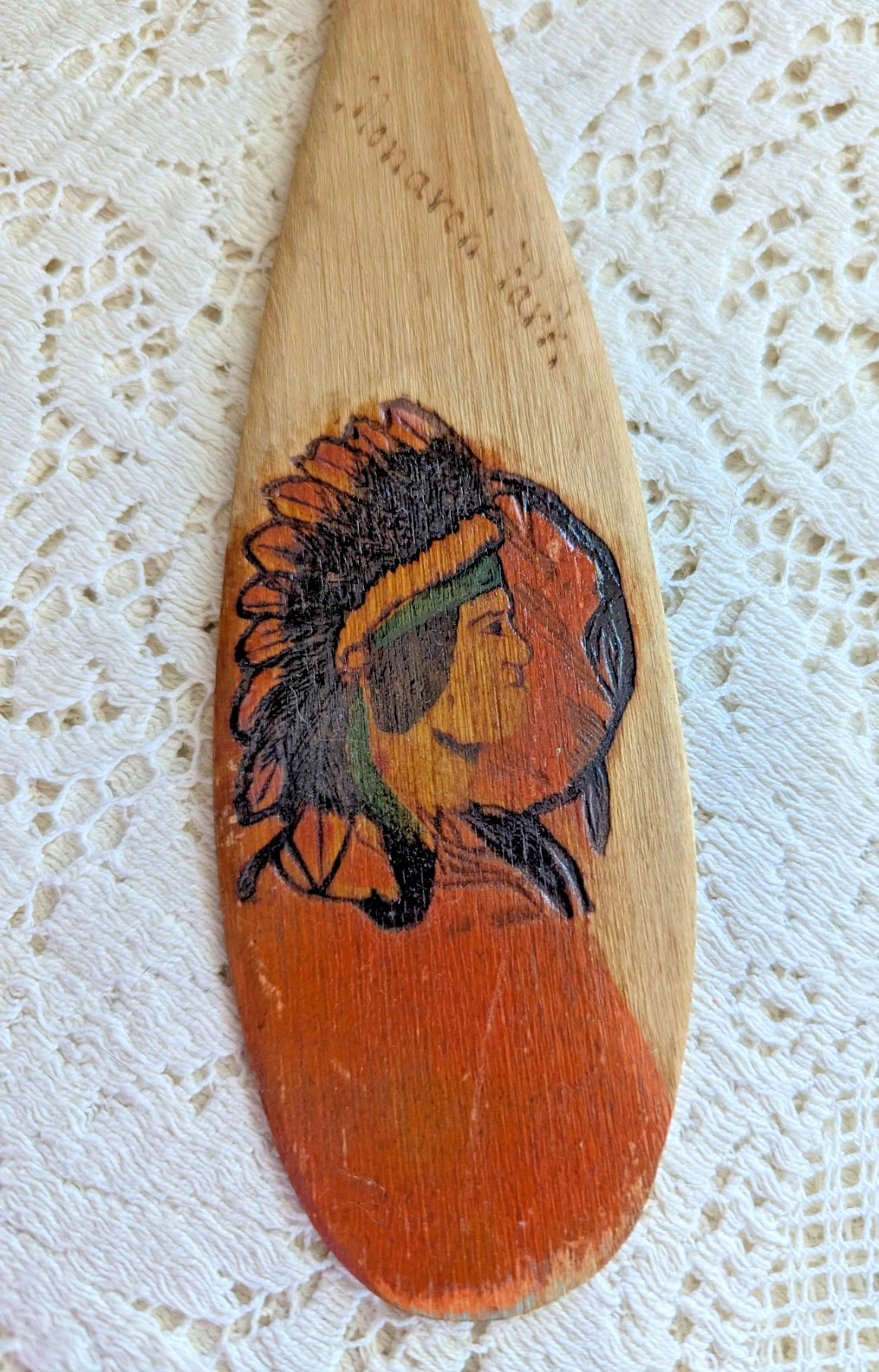 Antique Wood Paddle Pyrography Native American Souvenir Monarch Park Oil City