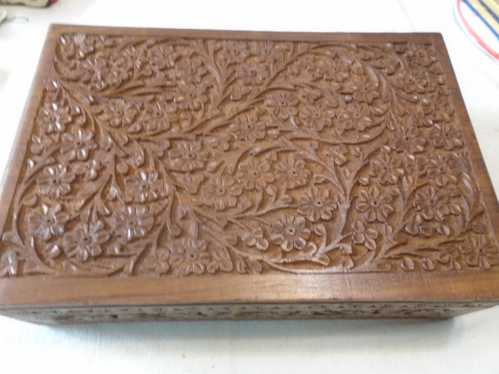 Vintage Hand Carved Large Wooden Jewelry/Storage Box with a Floral Design