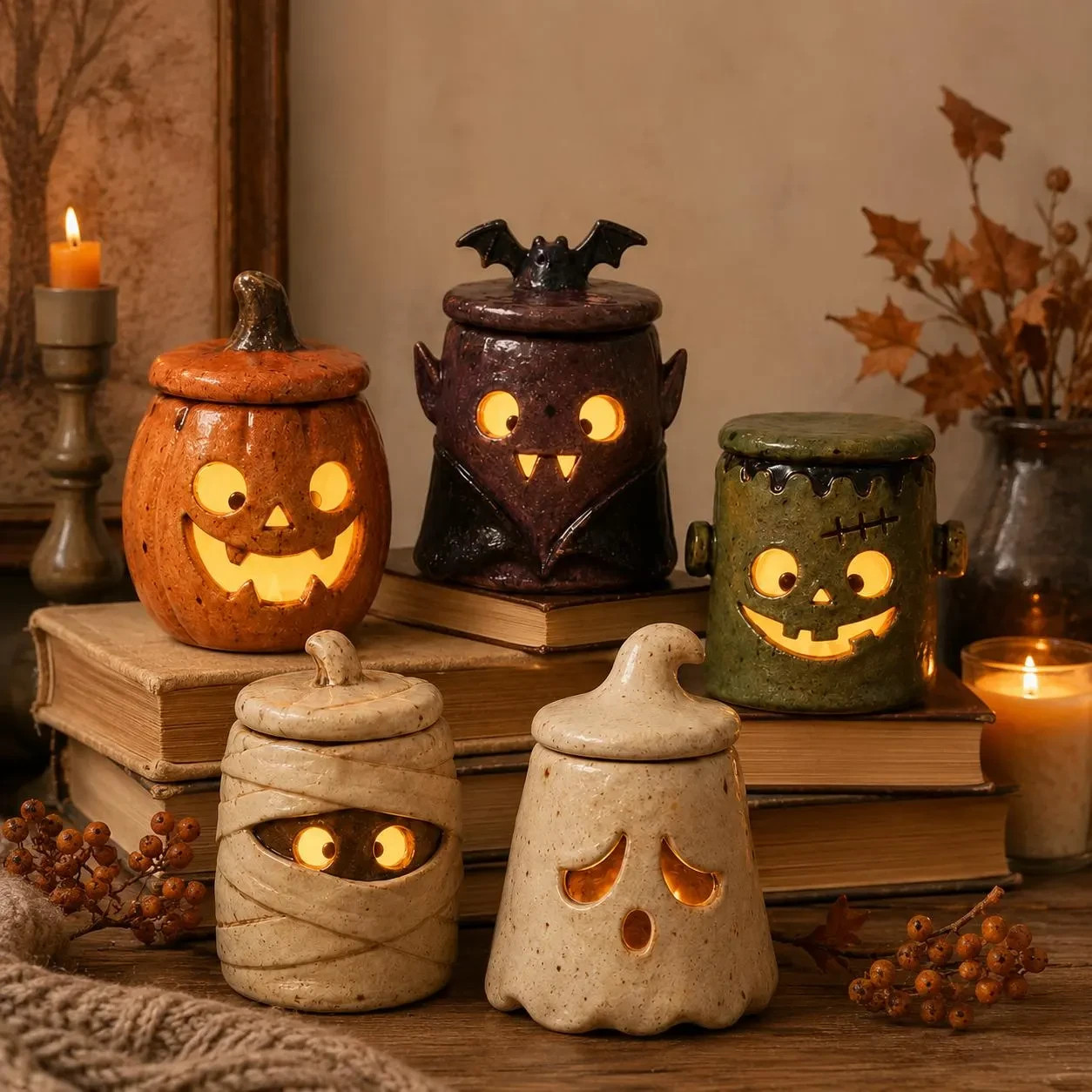 Spooky Halloween Ceramic Candle Holder Pumpkin Ghost Black Cat Fall Decor Gift