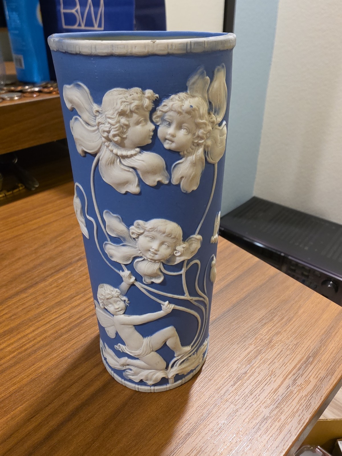 Vintage Blue Jasperware Cylindrical Spill Vase Cup Angels Vintage Blue Jasperware Cylindrical Spill Vase Cup Angels