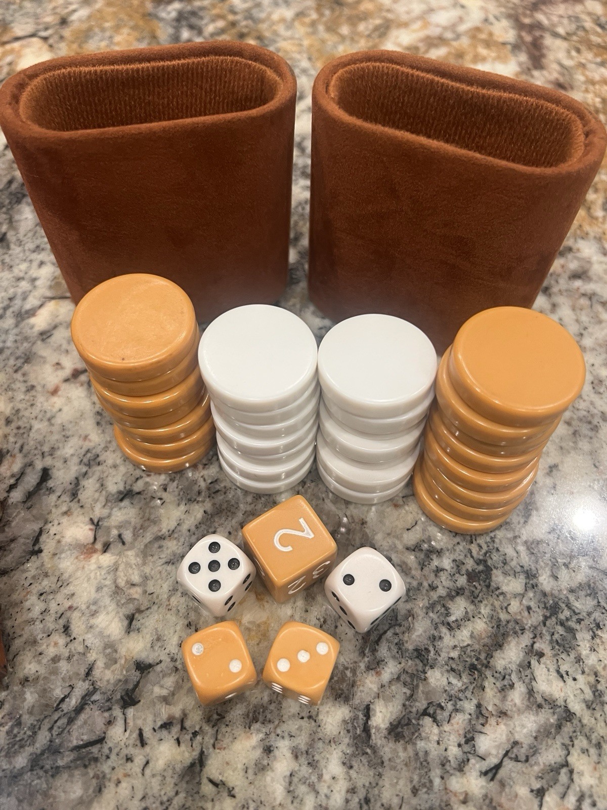 Vintage Catalin  Butterscotch & White Backgammon Chips,cups and Dice