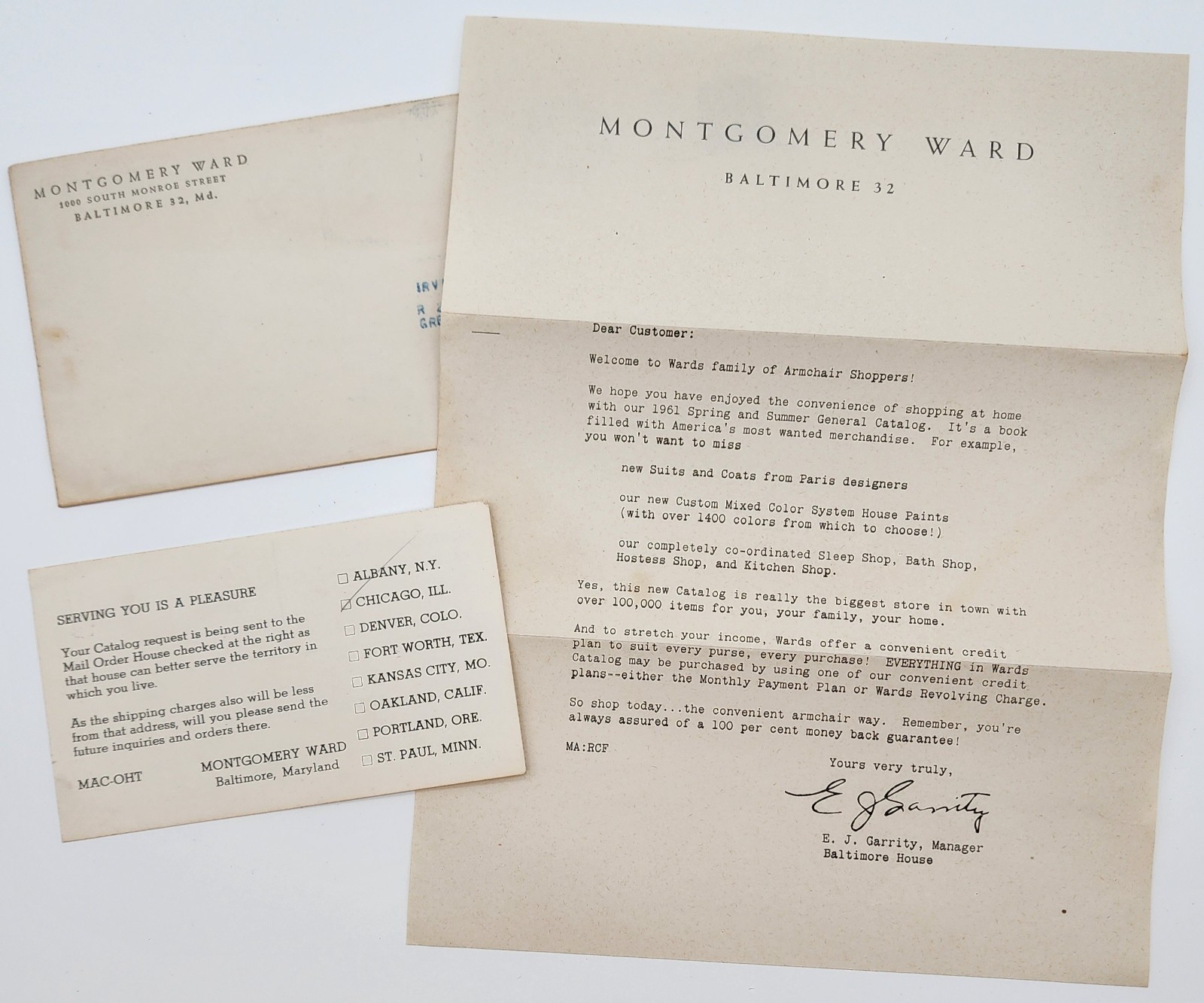 Vtg 1961 Montgomery Ward Baltimore Office Welcome Letter & Postcard & Envelope