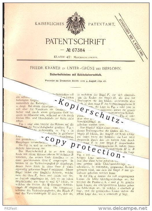 Original Patent - Friedr. Grocer in Unter-Green near Iserlohn, 1892, Security Original Patent - Friedr. Grocer in Unter-Green near Iserlohn, 1892, Security