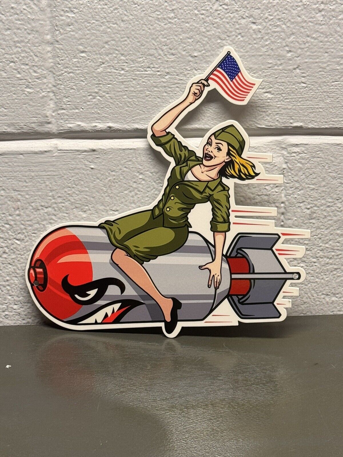 American Patriotic Atomic Bomb Girl Thick Metal Sign Pin Up Gas Oil Helicopter