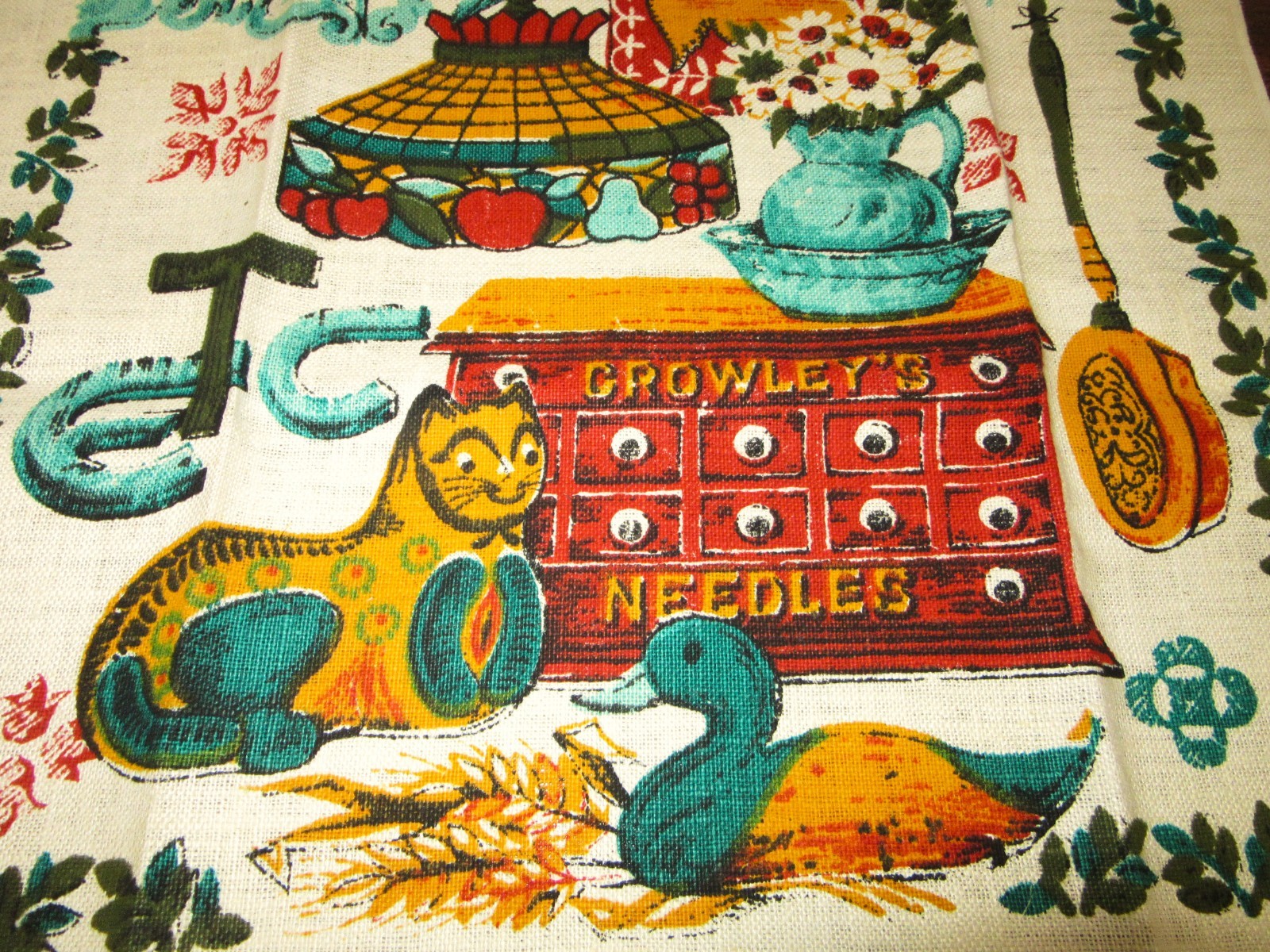 Vintage Linen Kitchen Tea Towel Crowley\'s Needles Stained Glass Lamp More UNUSED