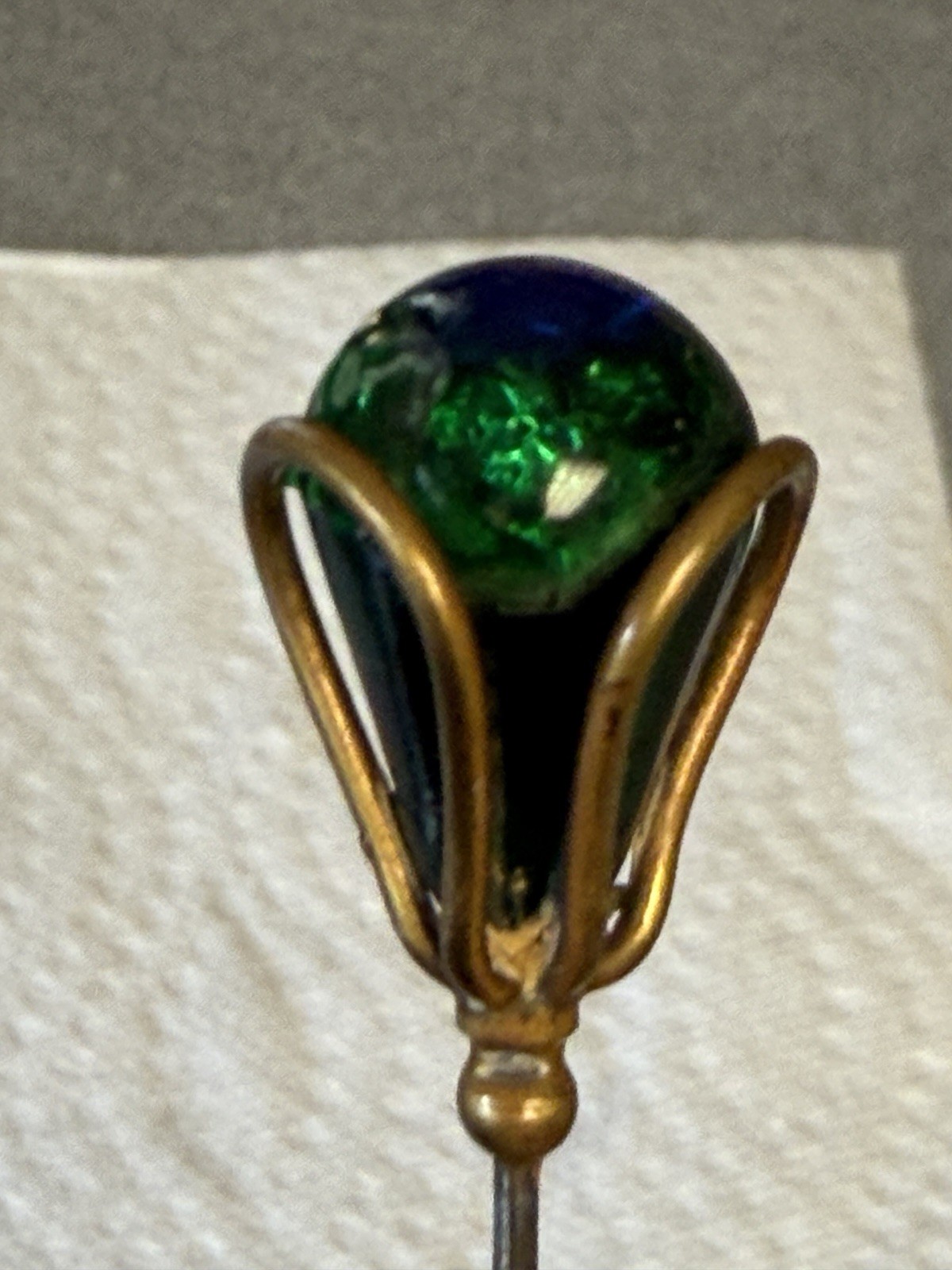 Antique Victorian Peacock Eye Glass Hatpin Blue Green Gold Tone 9 inch