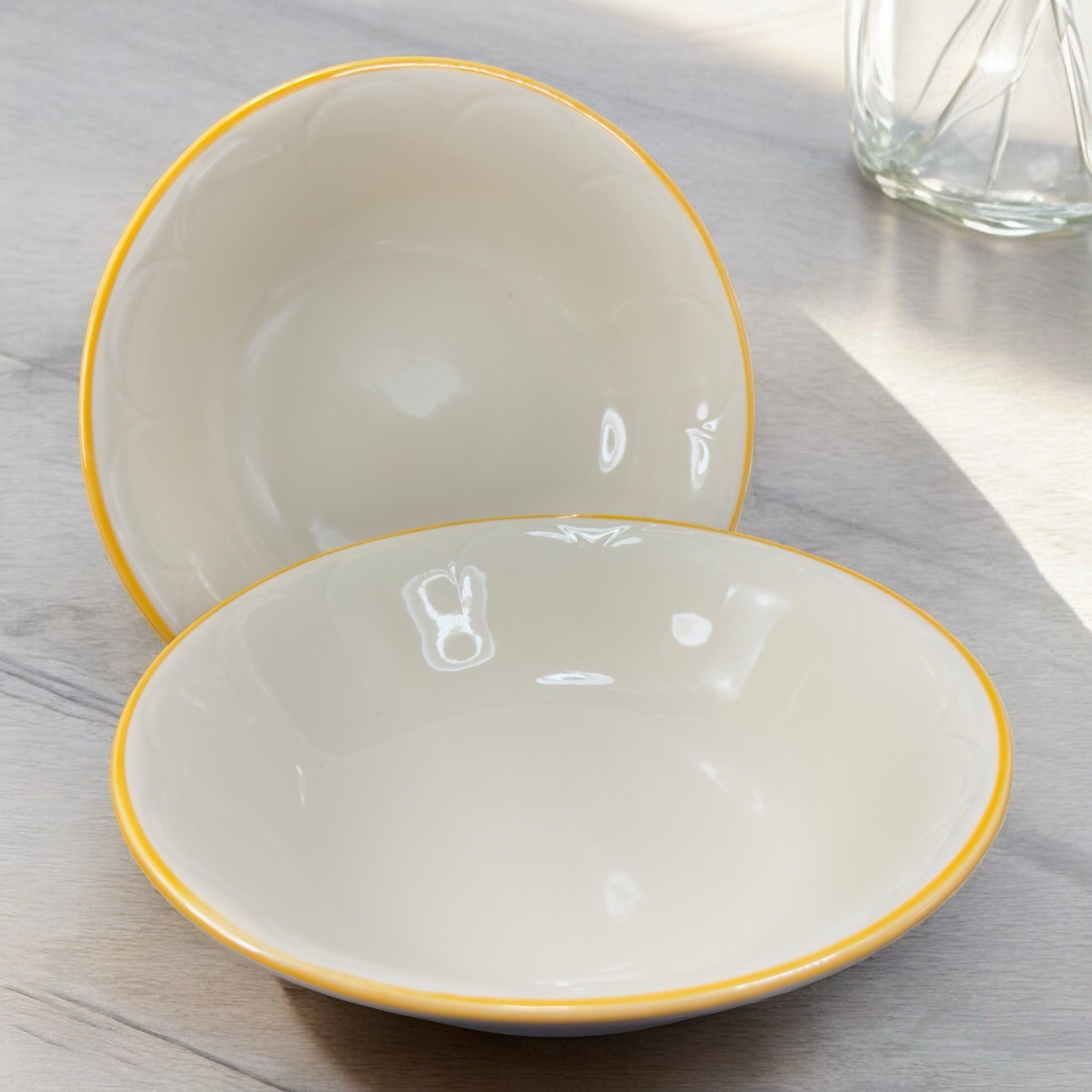 Franciscan Pottery Interpace Bowl Dish Set 2 Yellow Edges USA Large Bowls 8.5in Franciscan Pottery Interpace Bowl Dish Set 2 Yellow Edges USA Large Bowls 8.5in