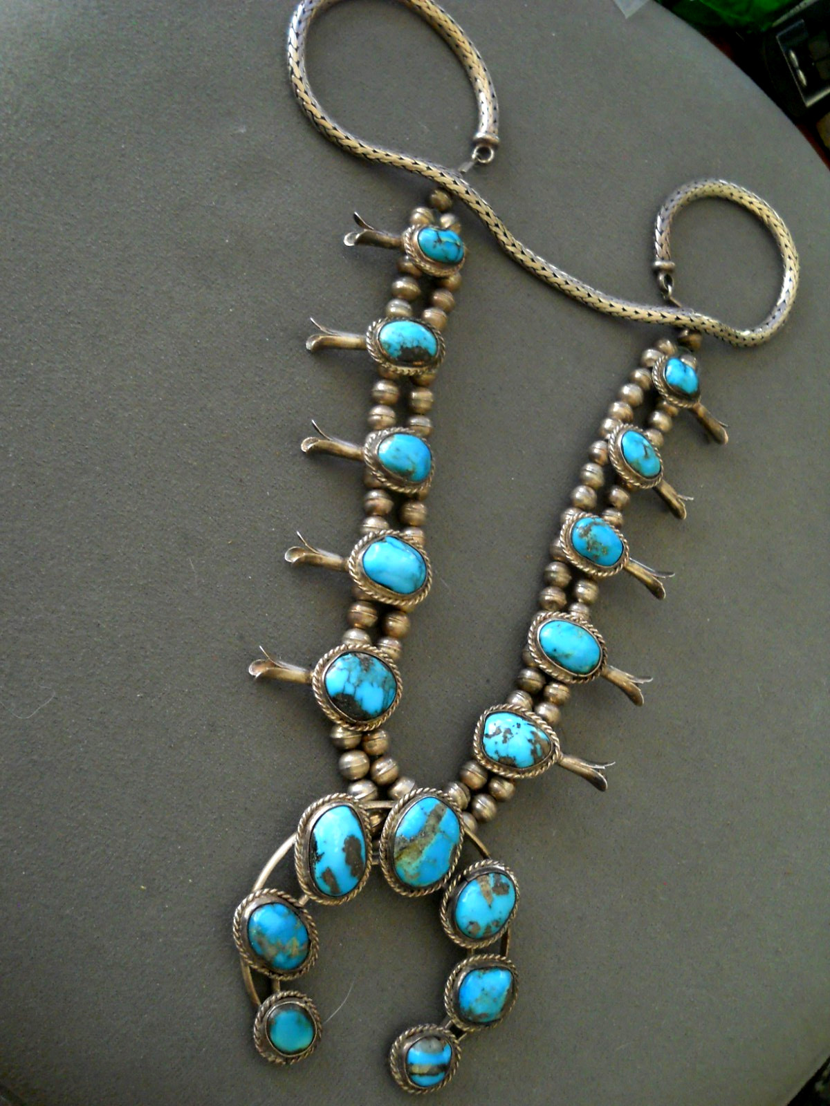 Native American Bisbee Turquoise Sterling Silver Squash Blossom Bead Necklace
