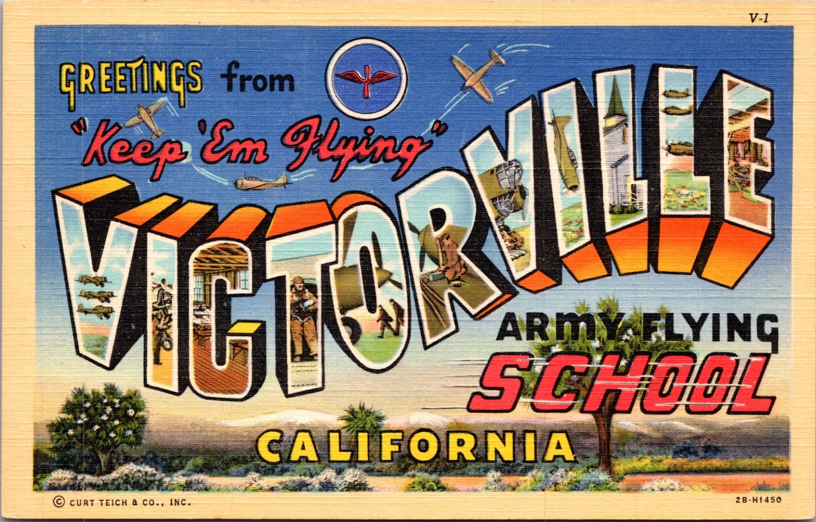 Greetings from Victorville Army Flying School California Linen Postcard