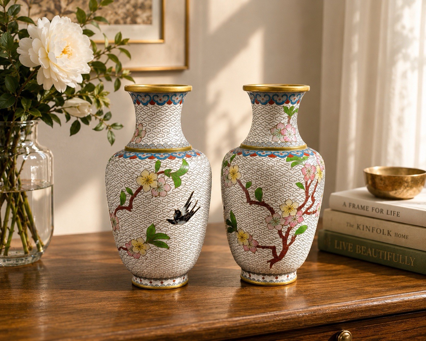 2 VTG Chinese Cloisonné Vases Cherry Blossom Bird 7.25 Inches Tall
